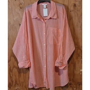 NWT H&M Shirt 100% Cotton XXL Peach White Stripped Classic Summer Oversized